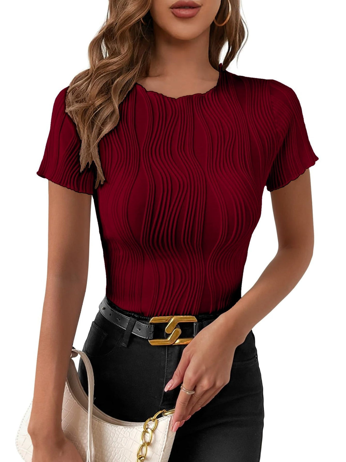 Solid Color Textured Slim T-Shirt, Elegant Short Sleeve T-Shirt