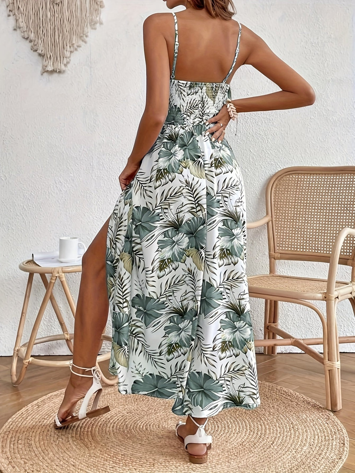 Floral Print Spaghetti Strap Elegant Sleeveless Split Dress