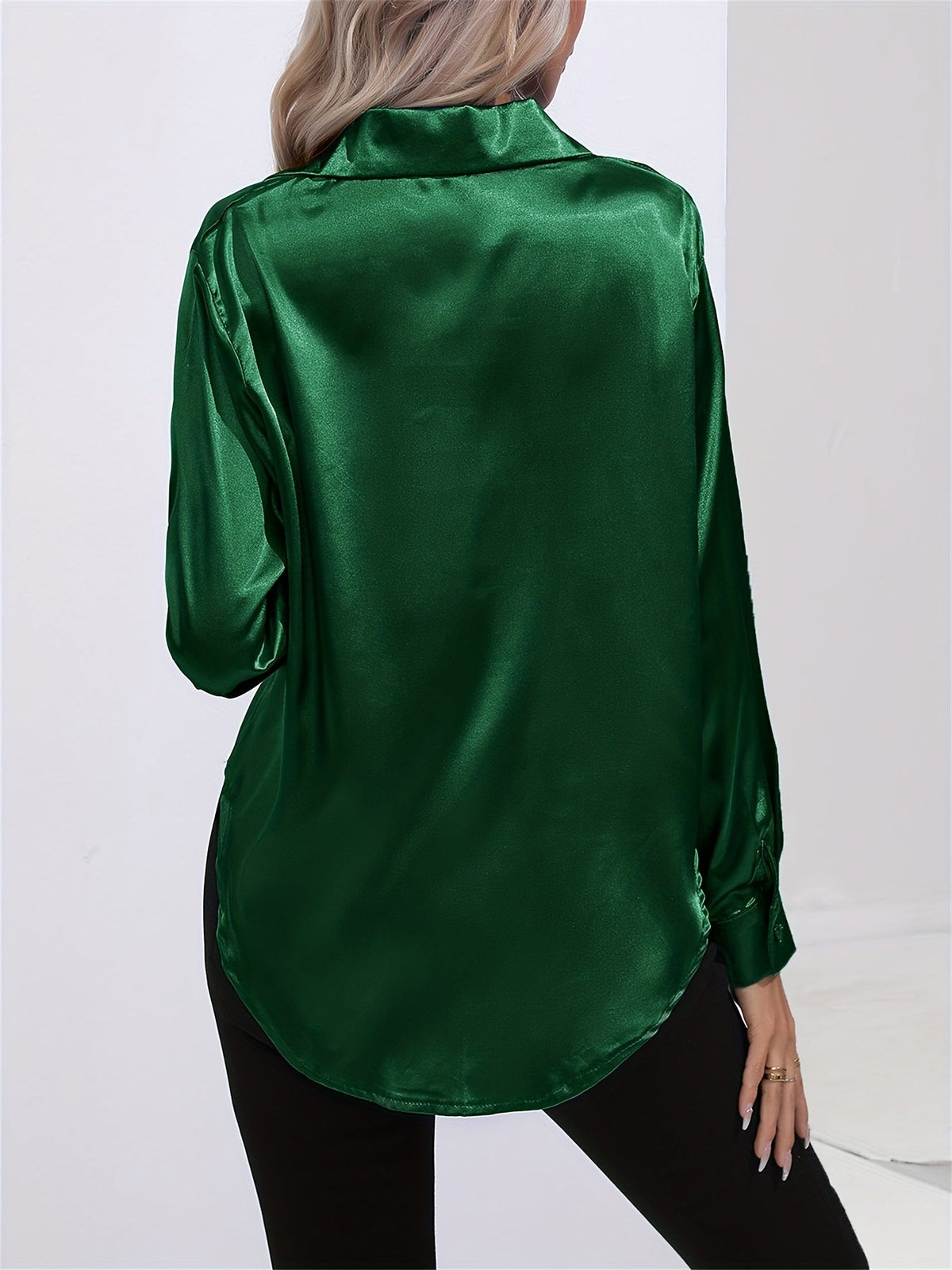 Lapel-collar Satin-satin-faux Silk Long-sleeved Shirt