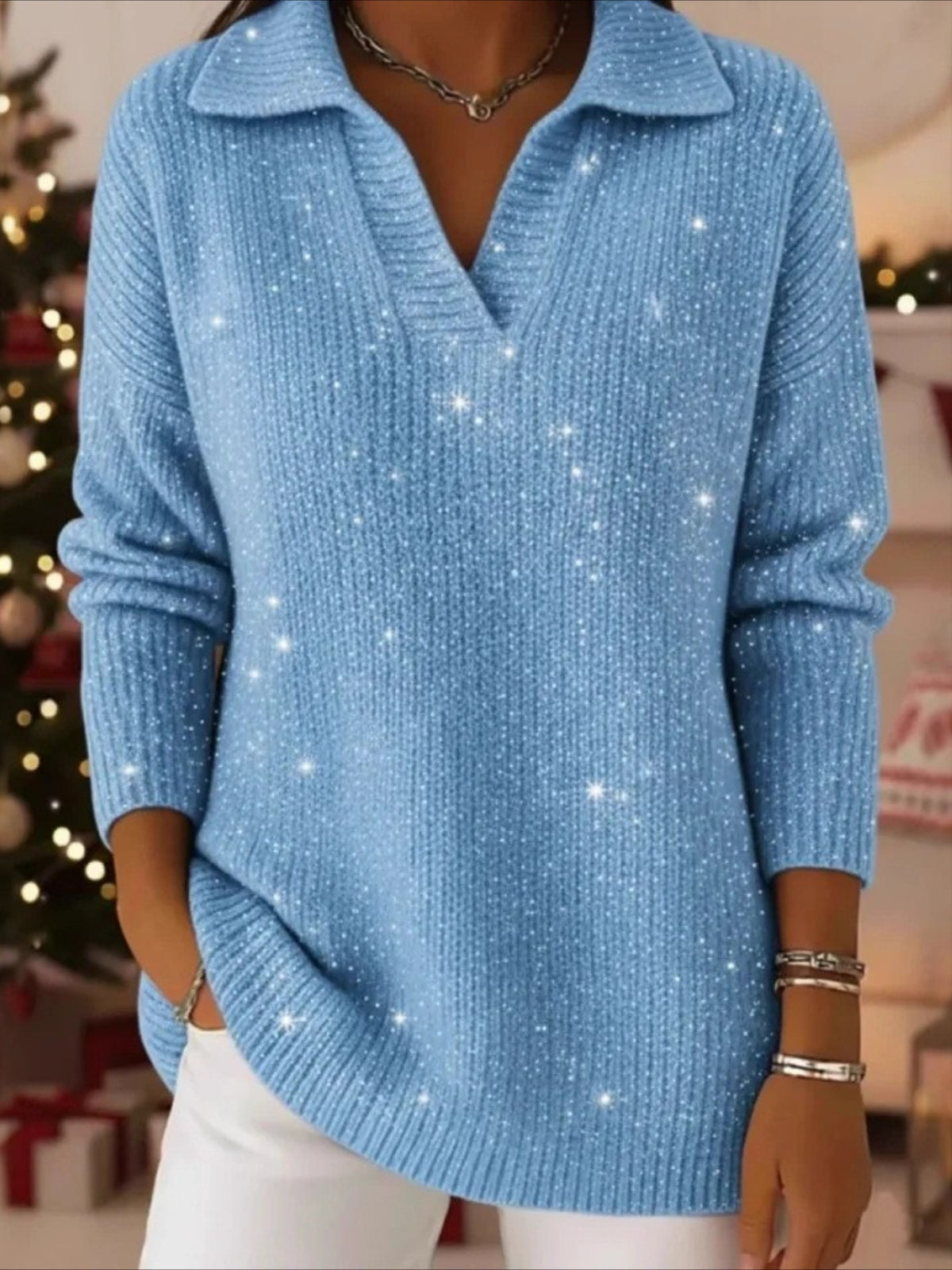 Party Polo Collar Shiny Loose Sweater Top
