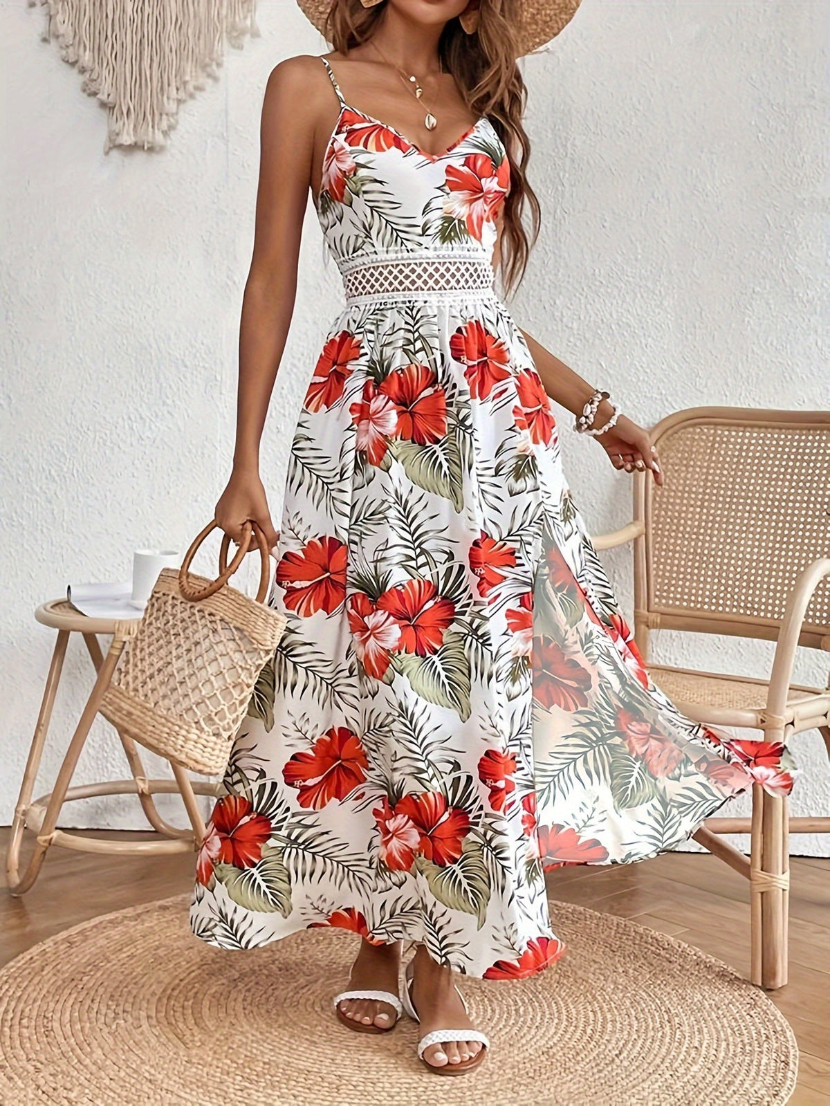 Floral Print Spaghetti Strap Elegant Sleeveless Split Dress