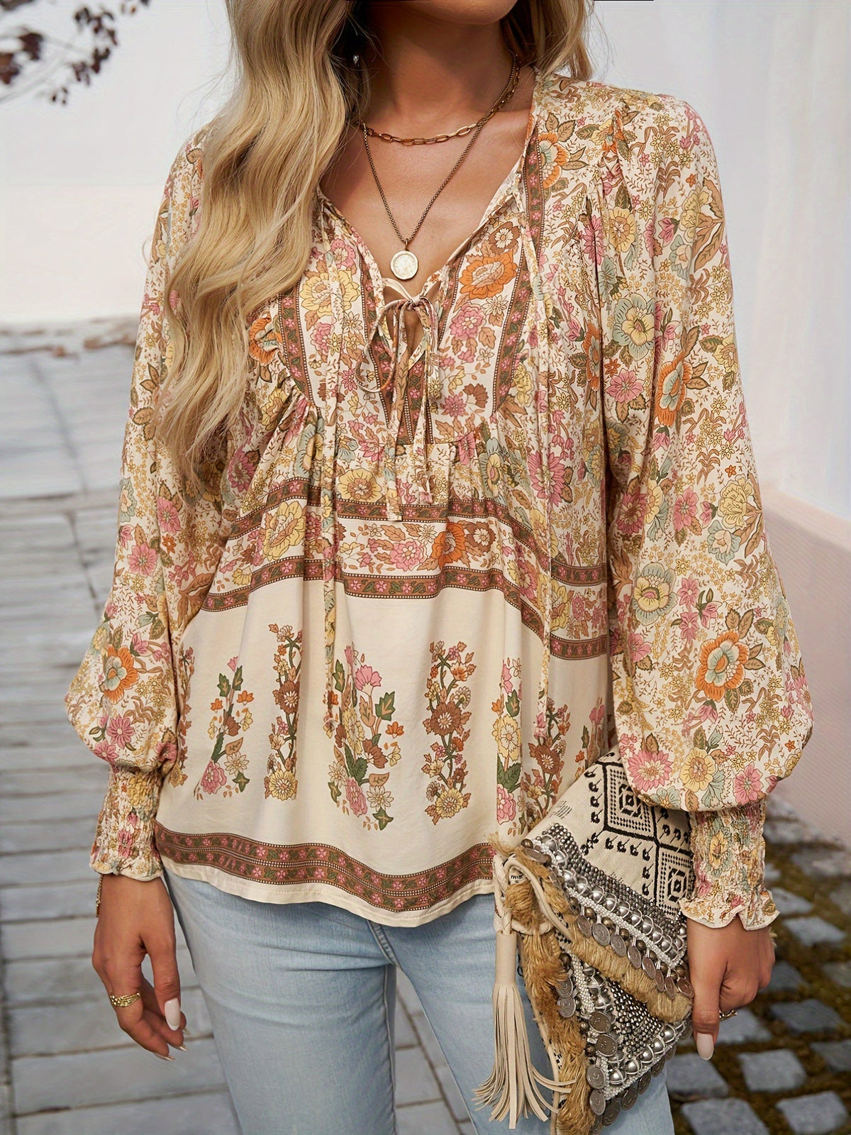 Drawstring Long Sleeve Casual Floral Print V Neck Blouse