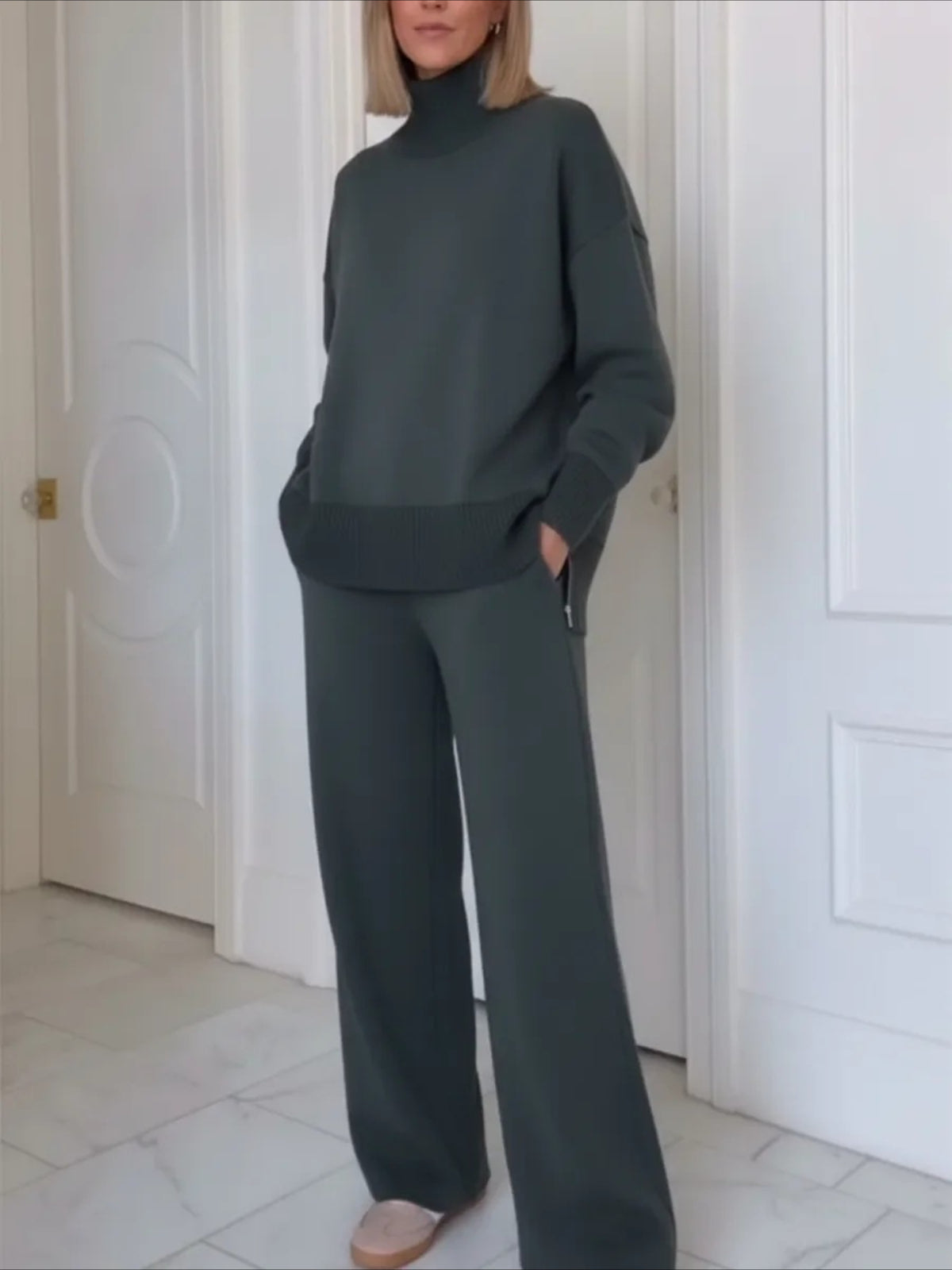 Casual Travel Stand Collar Side Zipper Top Straight Pants Two-Piece Set