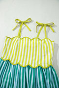 Green Stripe Scalloped Contrast Patchwork Knot Strap Midi Dress