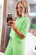Light Green Lace Patchwork Half Sleeve Top Elastic Waist Pants Two Piece Set