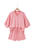 Gossamer Pink Scalloped V Neck Dolman Oversize Top Drawstring Short Set