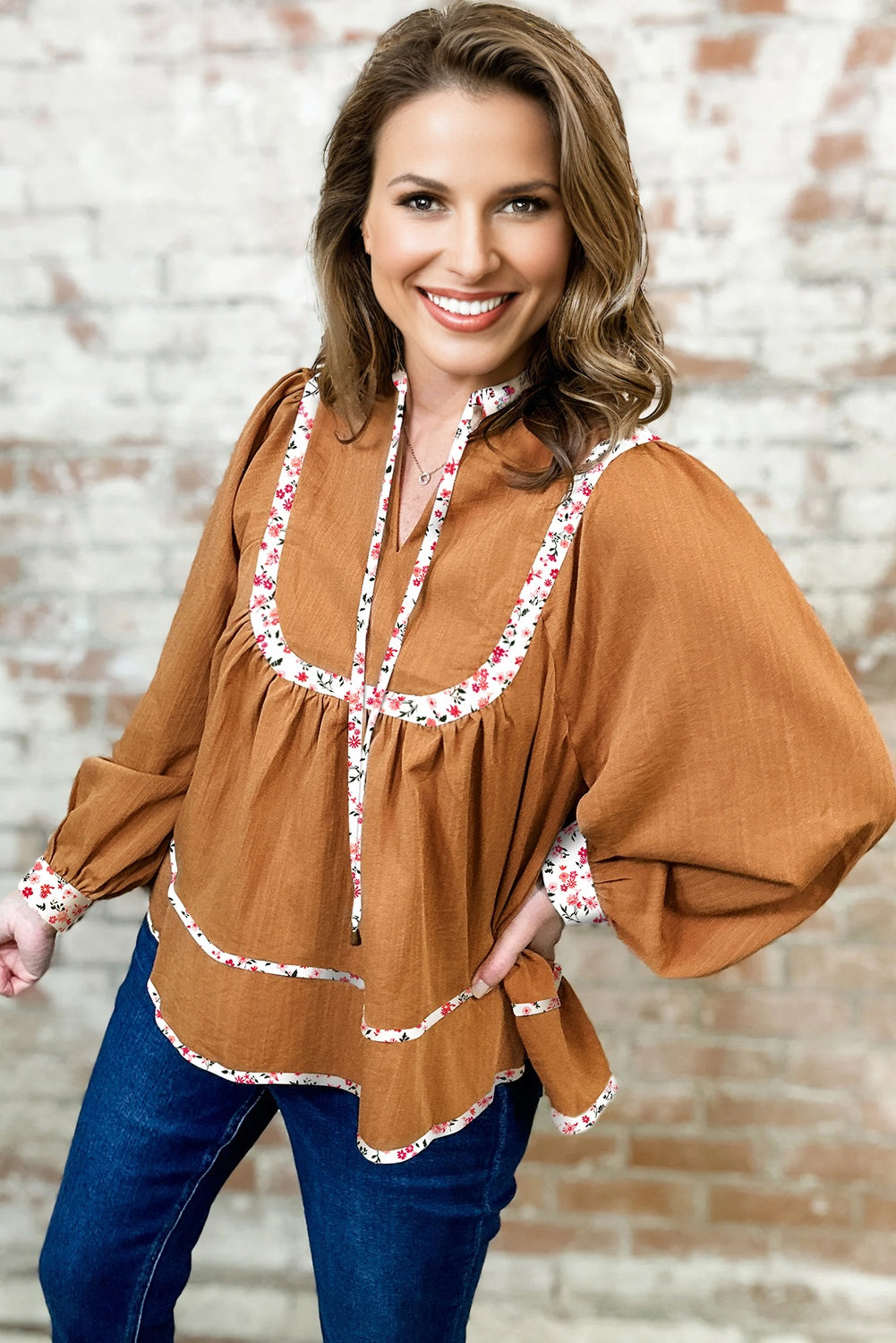 Straw Yellow Split Neck Pleated Floral Trim Long Puff Sleeve Blouse