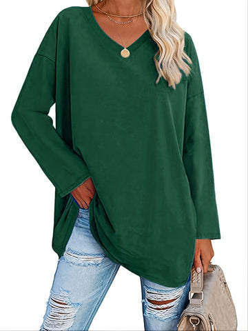 Women's Solid Color Oversized Tops, V-Neck Long Sleeve T-Shirts, Casual Loose Shirts