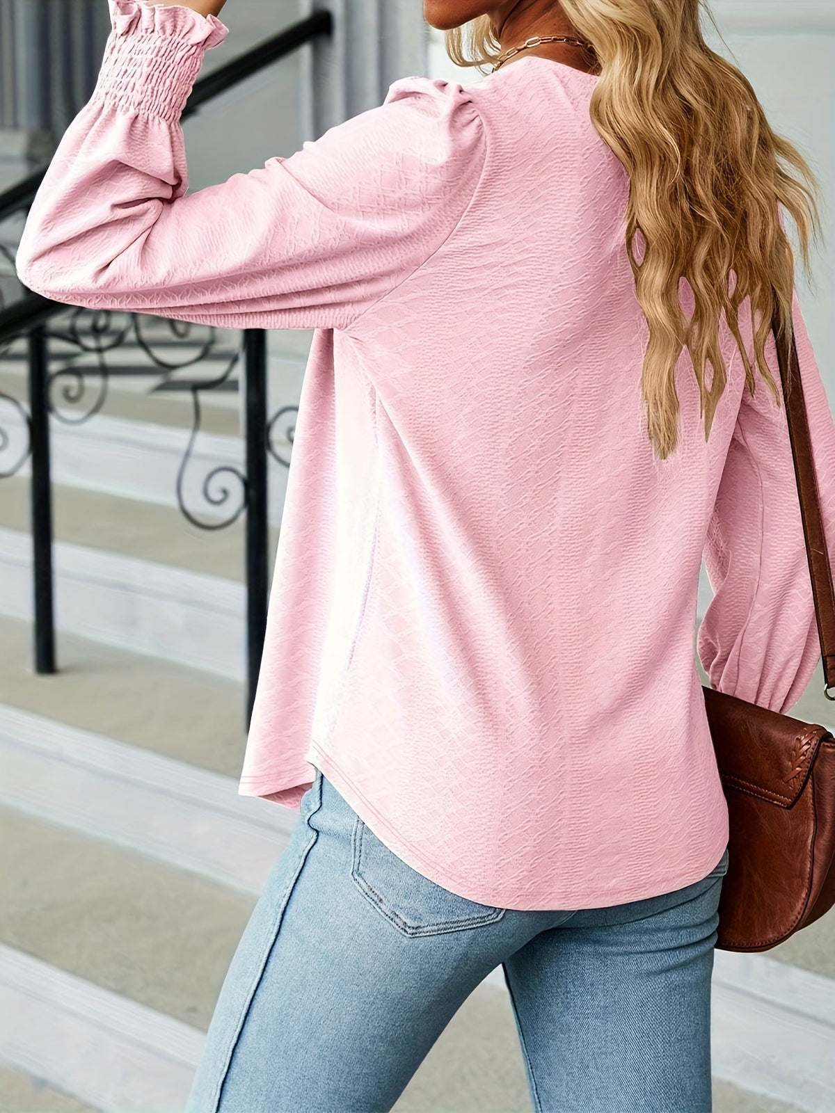 Elegant T-shirt, Women's  Argyle Textured Shirred Lantern Sleeve Square Neck Ruched Top