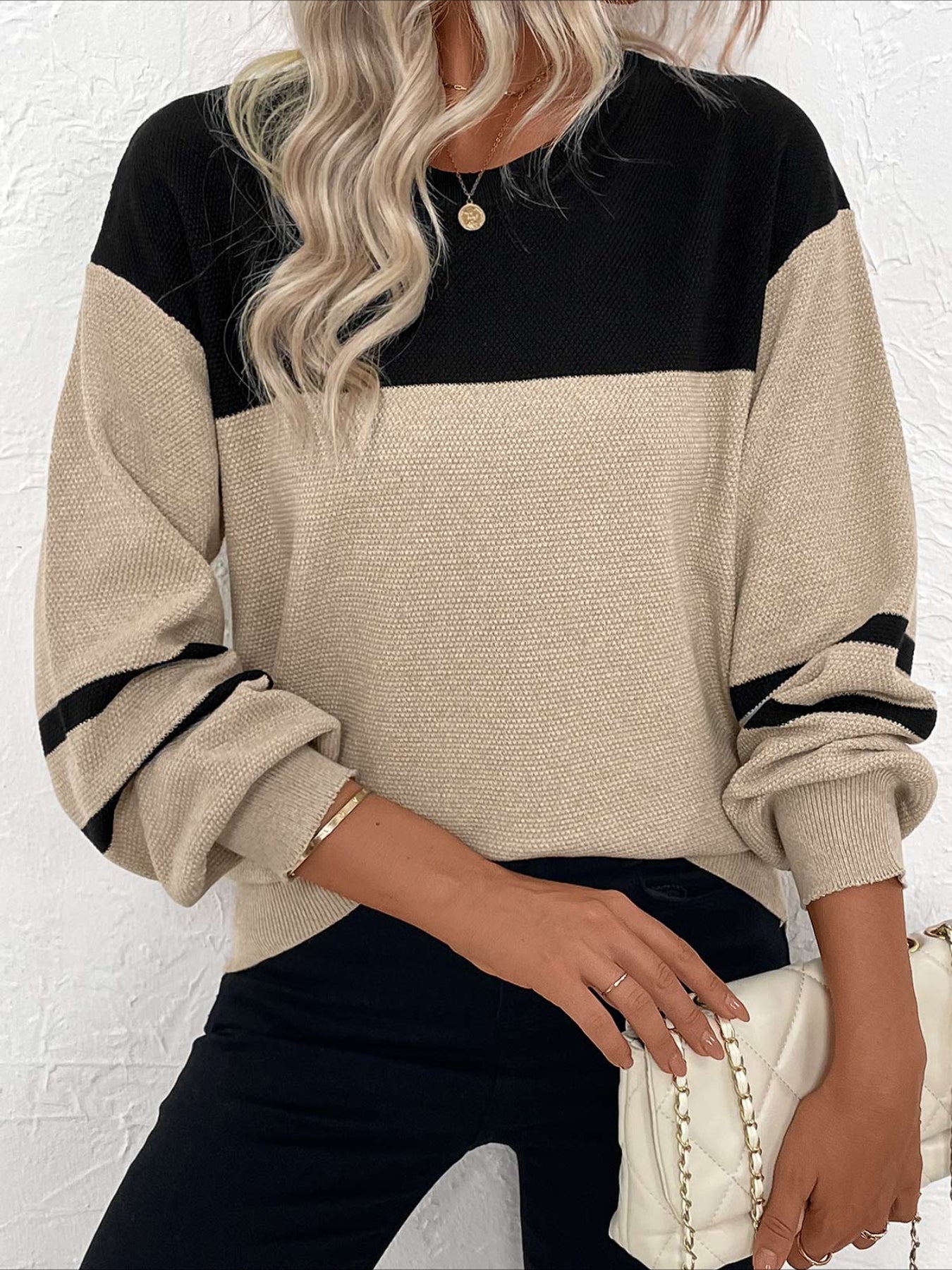 Patchwork Striped Long Sleeve Round Neck Sweater
