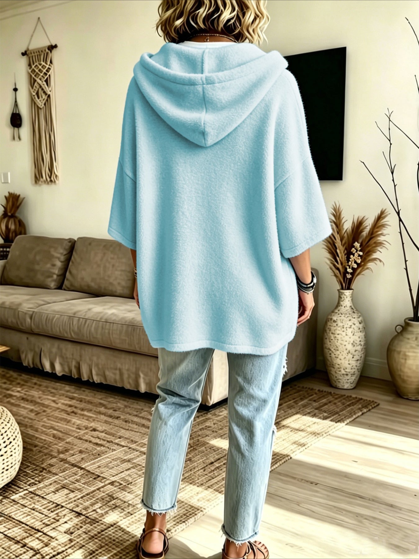 Loose 3/4 Sleeve Hooded Drawstring Bat-sleeved Sweatshirt