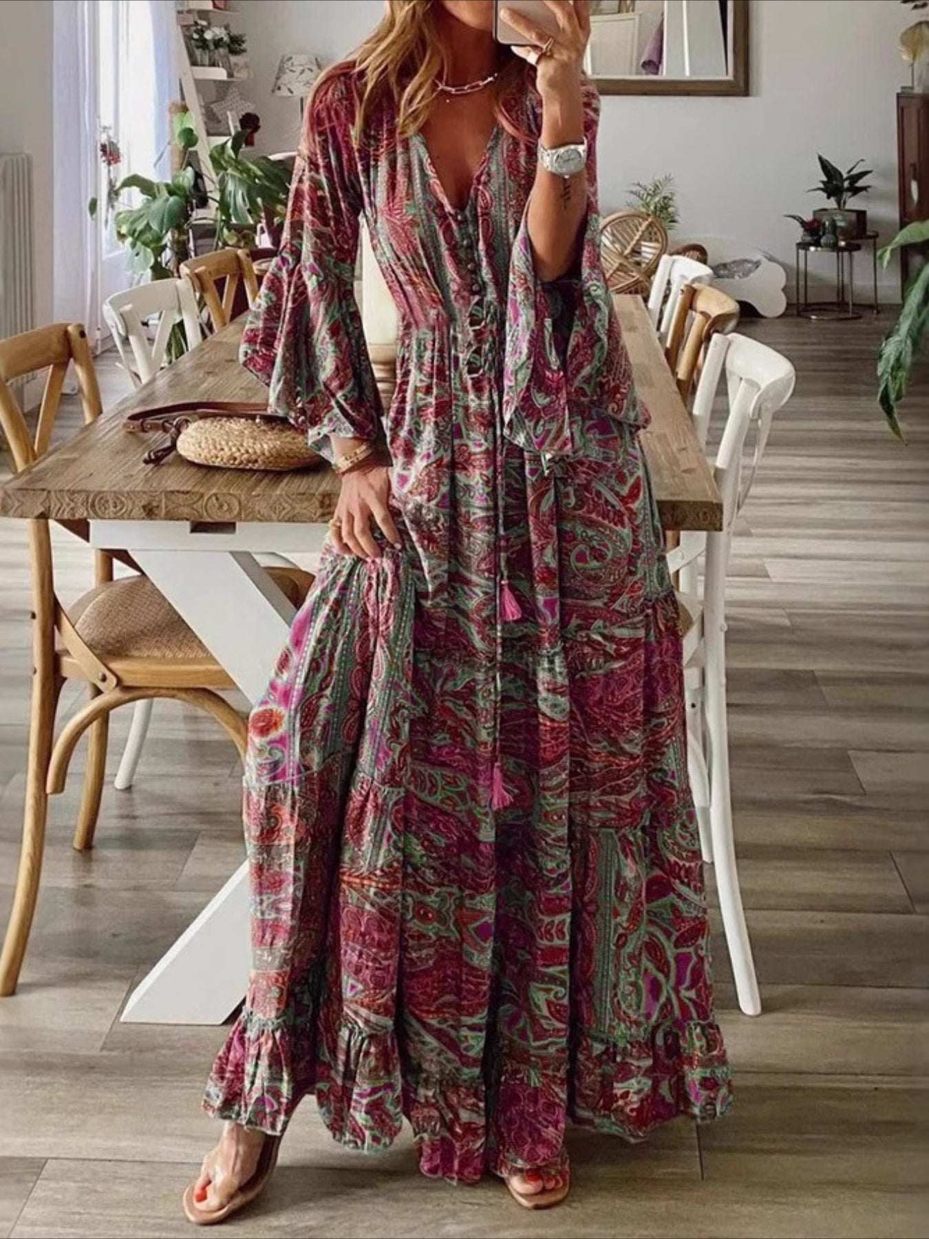 Vintage Casual Daily Regular Fit Floral Long Sleeve V Neck Maxi Dress