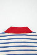 Blue Stripe Short Puff Sleeve Color Block Polo Collar Blouse