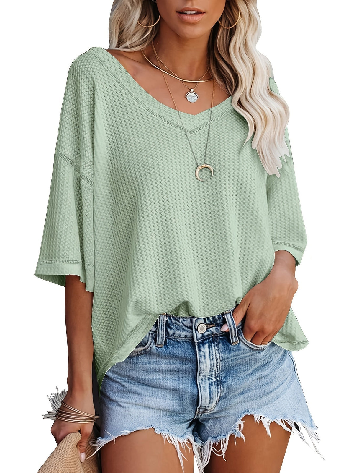 Solid Elegant V Neck T-Shirt, Drop Shoulder Casual Top