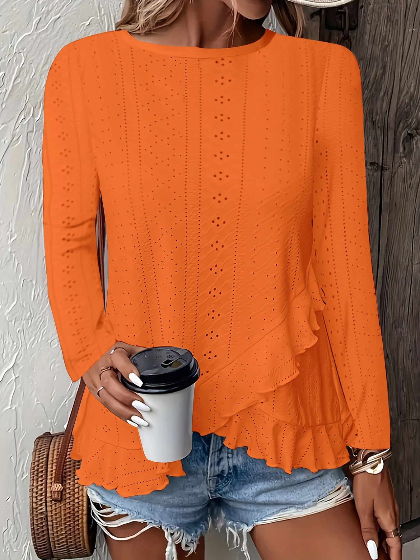 Stylish Asymmetrical Ruffle Hem Long Sleeve Top - Elegant Embroidered Solid Clothing