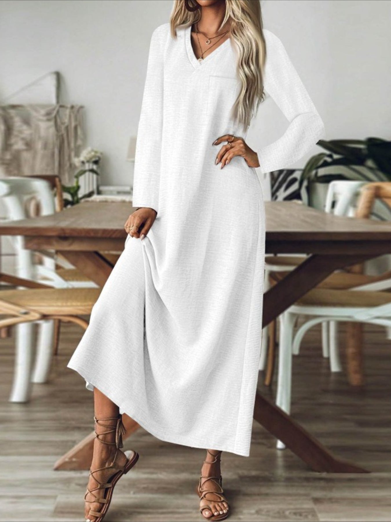 Back Zipper Solid Color Long Sleeve Cotton and Linen Dress