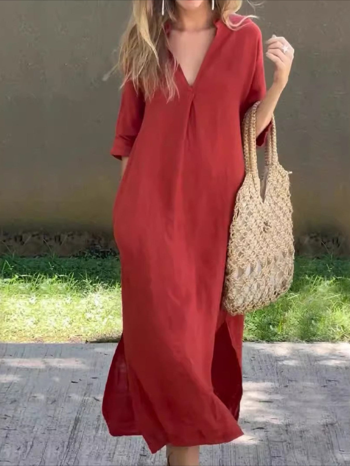 Women's Pocket Split Basic Casual Split Neck 3/4 Length Sleeve Maxi Dress