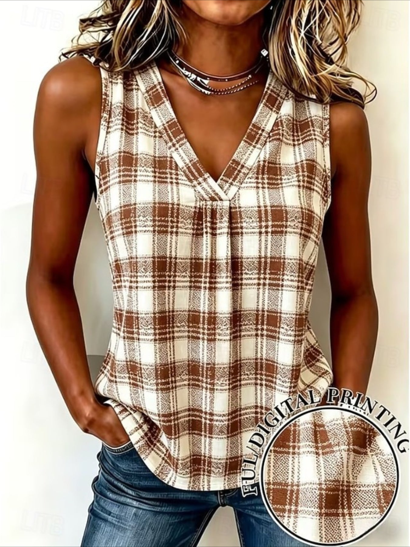 V-Neck Pullover Plaid Print Simple and Elegant Commuter Tank Top