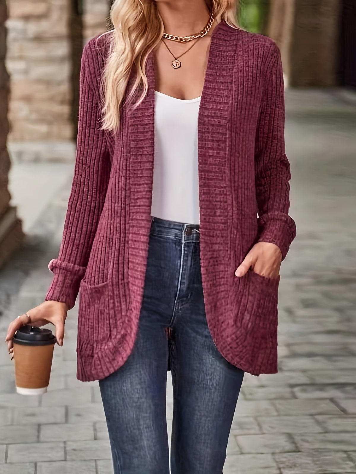 Solid Open Front Cardigan, Casual Long Sleeve Drop Shoulder Outwear