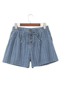 Sky Blue Stripe Drawstring Button Pleated High Waist Denim Shorts