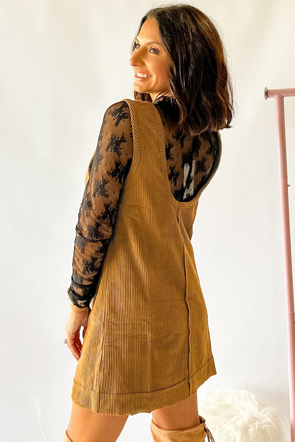 Beige Corduroy Sleeveless Mini Dress With Patched Pockets