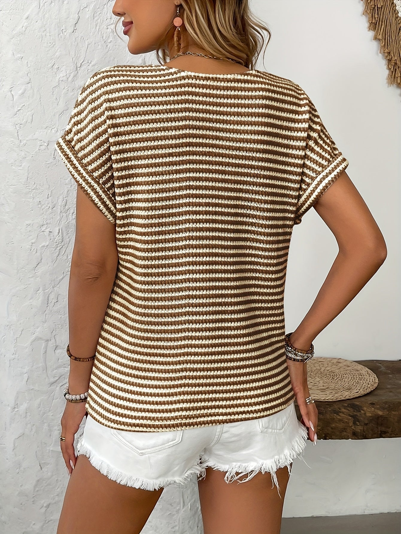 Patchwork V-Neck Button Pullover Short Sleeve T-Shirt