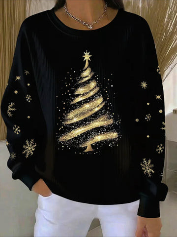 Christmas Printed Crew Neck Floral Long Sleeve Sweater Hoodie