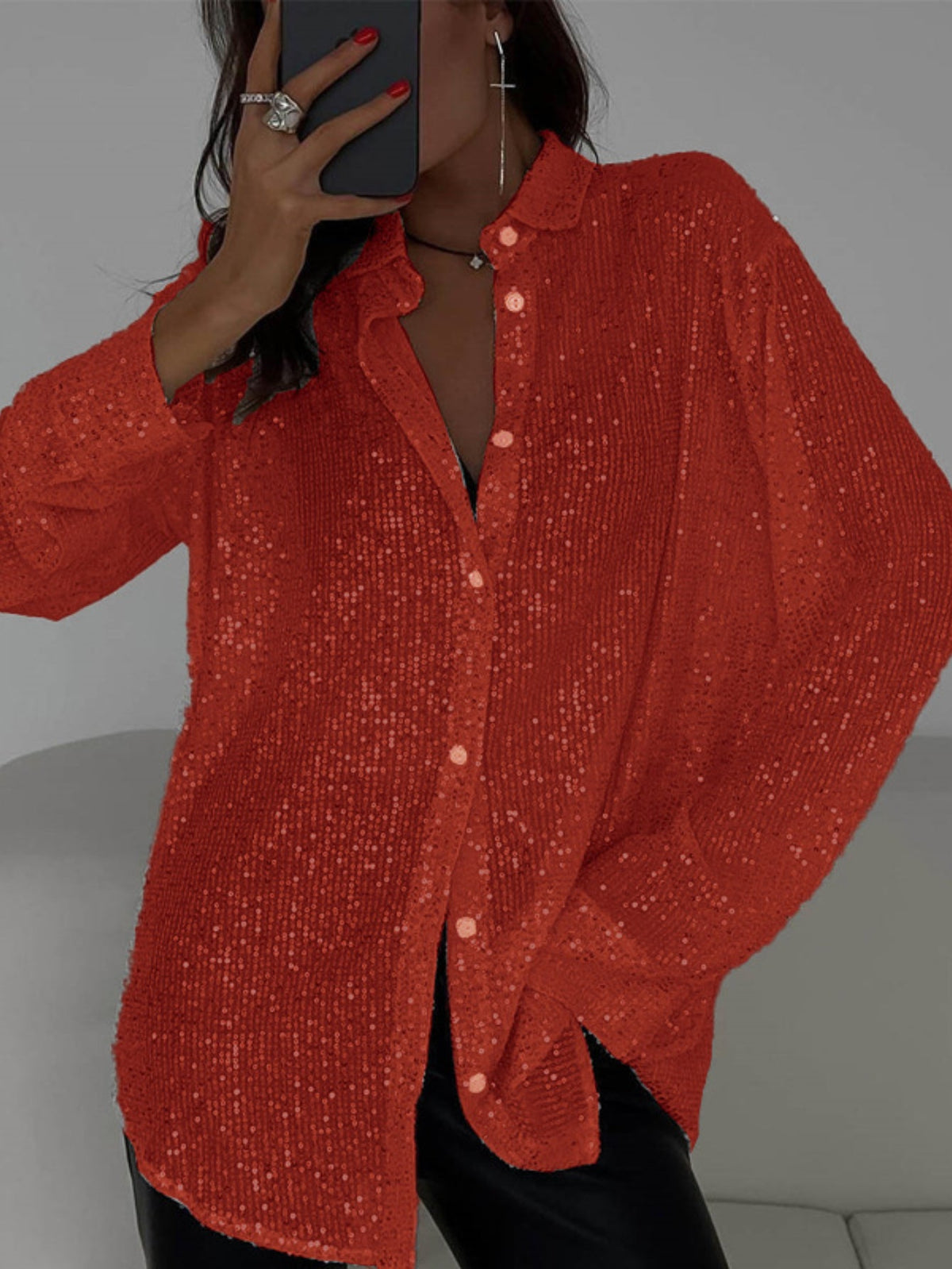 Womens Sequins Long Sleeve Collared Shirt Button Down Open Front Shirt Loose Tops
