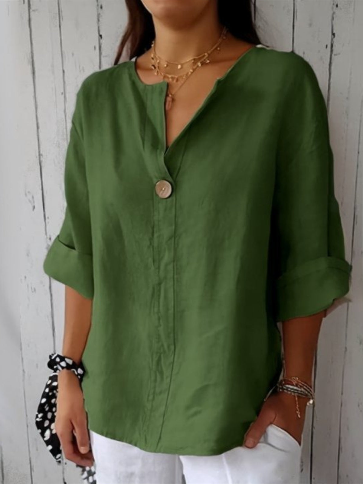 Cotton Linen Loose V Neck Casual Blouse