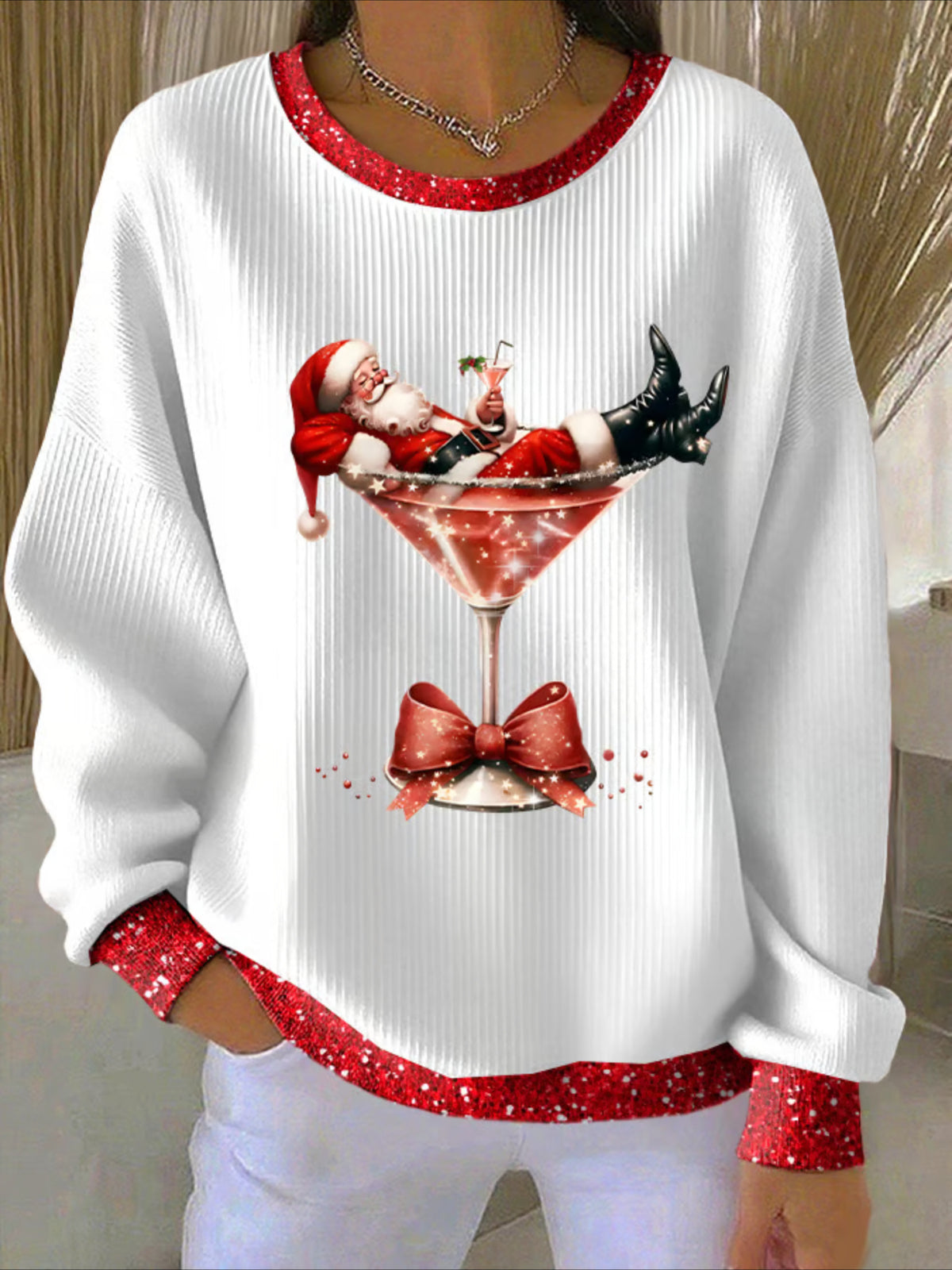 Christmas Printed Crew Neck Floral Long Sleeve Sweater Hoodie