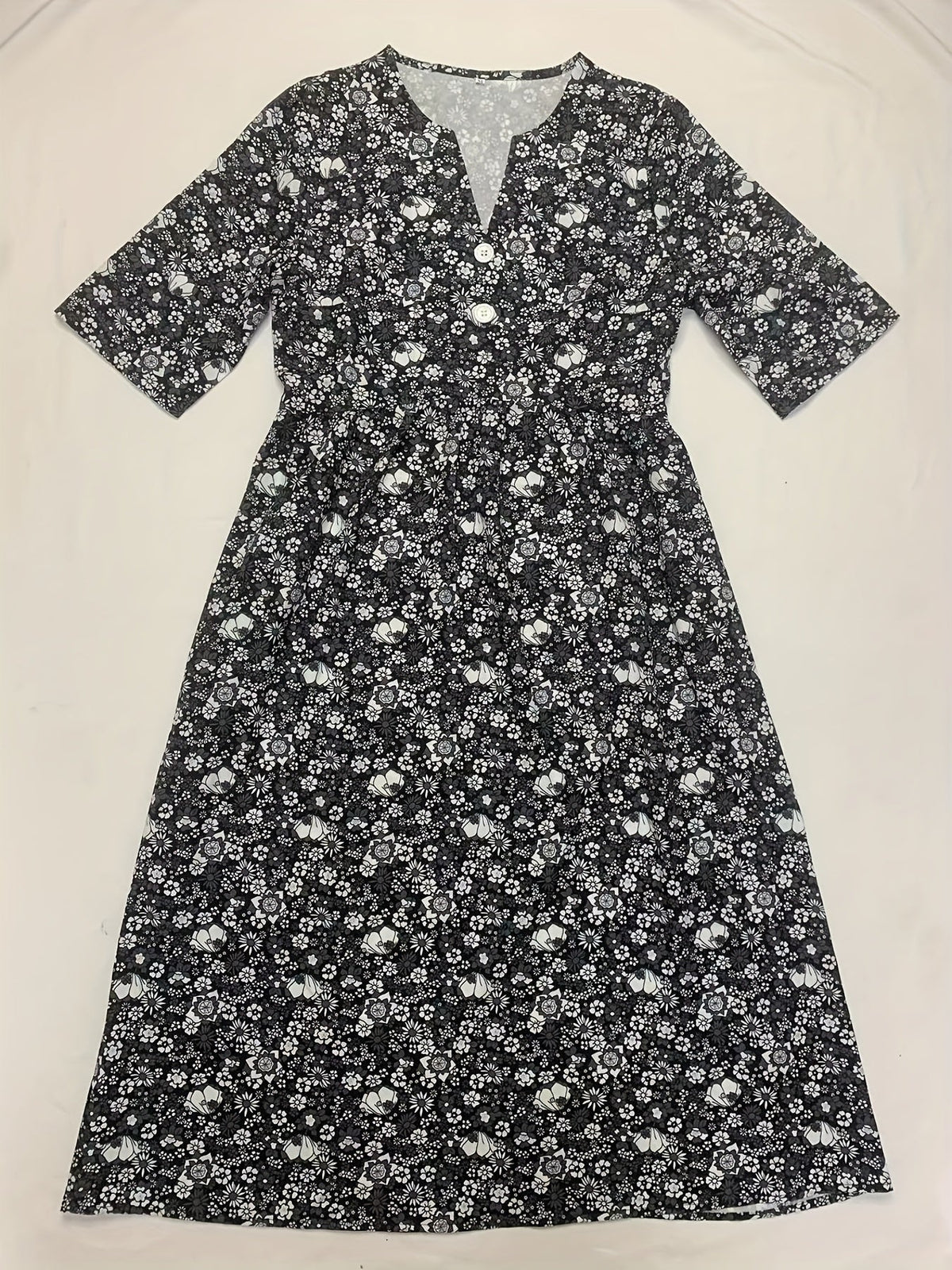 Ditsy Floral Print V Neck Dress, Casual Ruched Summer Dress With Pockets