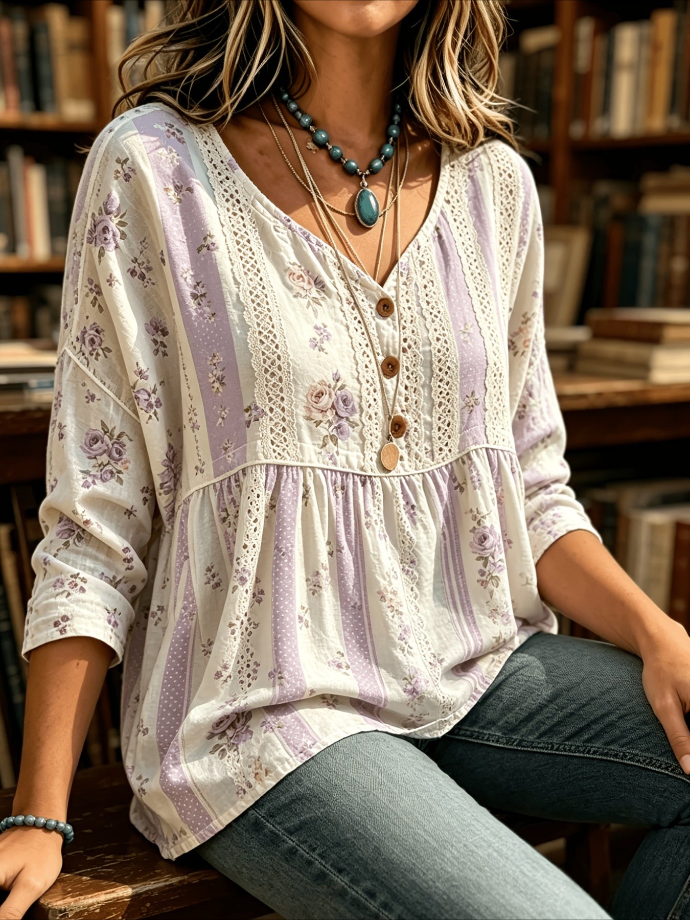 Floral Print 3/4 Sleeve V-Neck Three-Button Front Babydoll Blouse