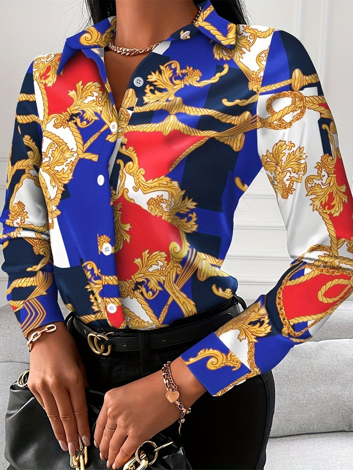 Women's Blouse V-neck Print Button Long Sleeve Loose Fall Blouse