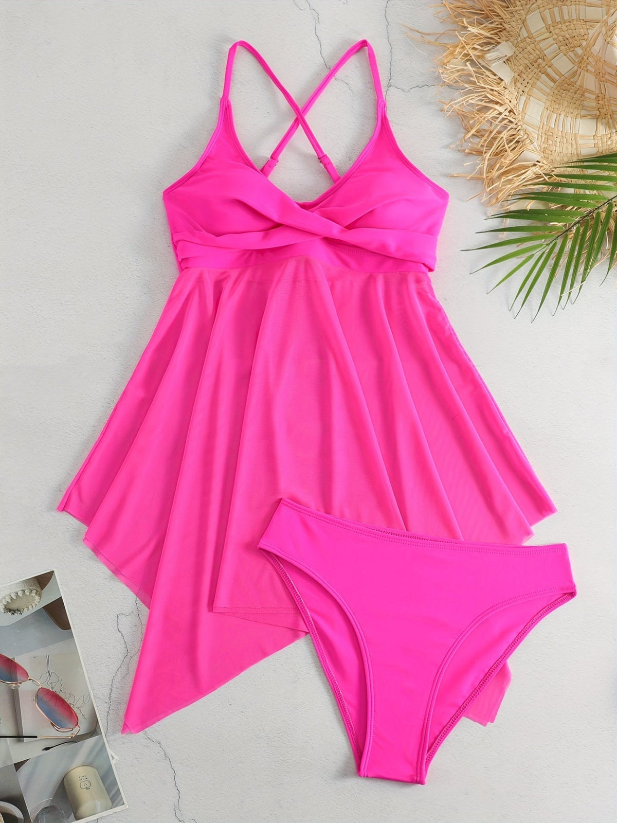Plain Mesh Contrast Criss Cross Skirted 2 Piece Set Bikini, Scoop Neck Spaghetti Strap Twist Solid Color Swimsuit For Beach Pool Bathing