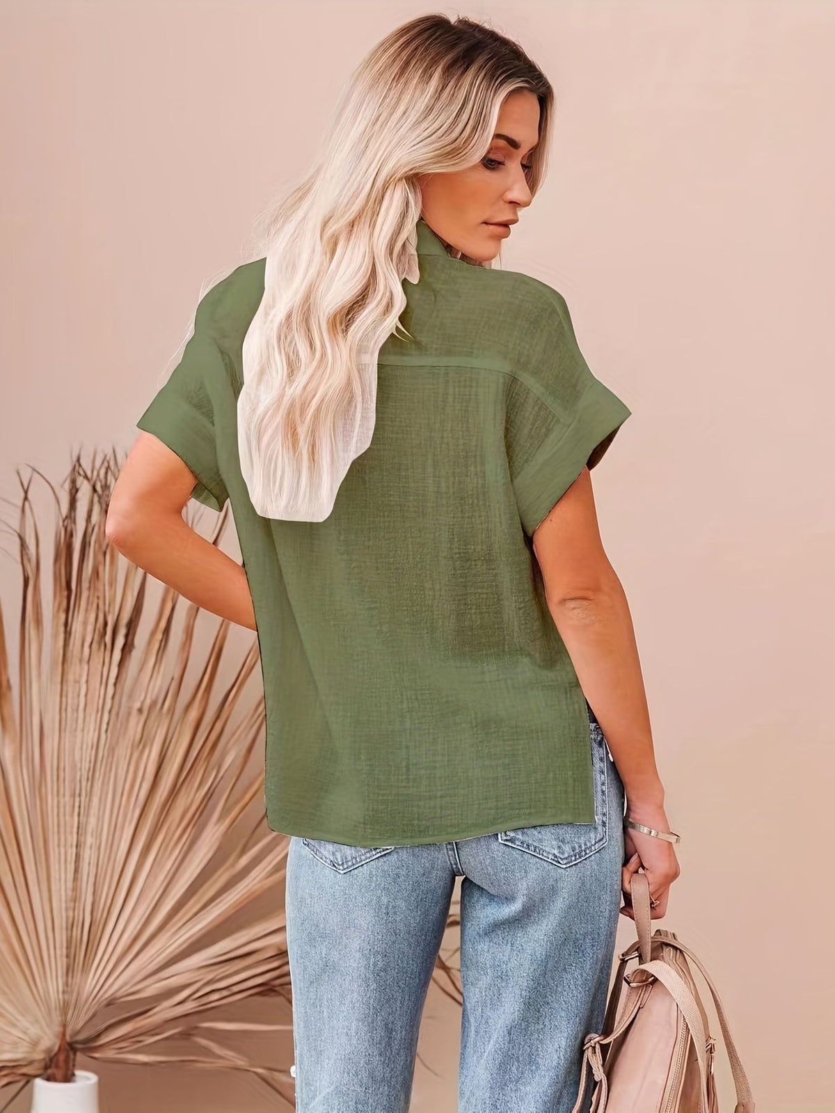 Solid Color Short Sleeve Blouse, Casual Button Front Blouse