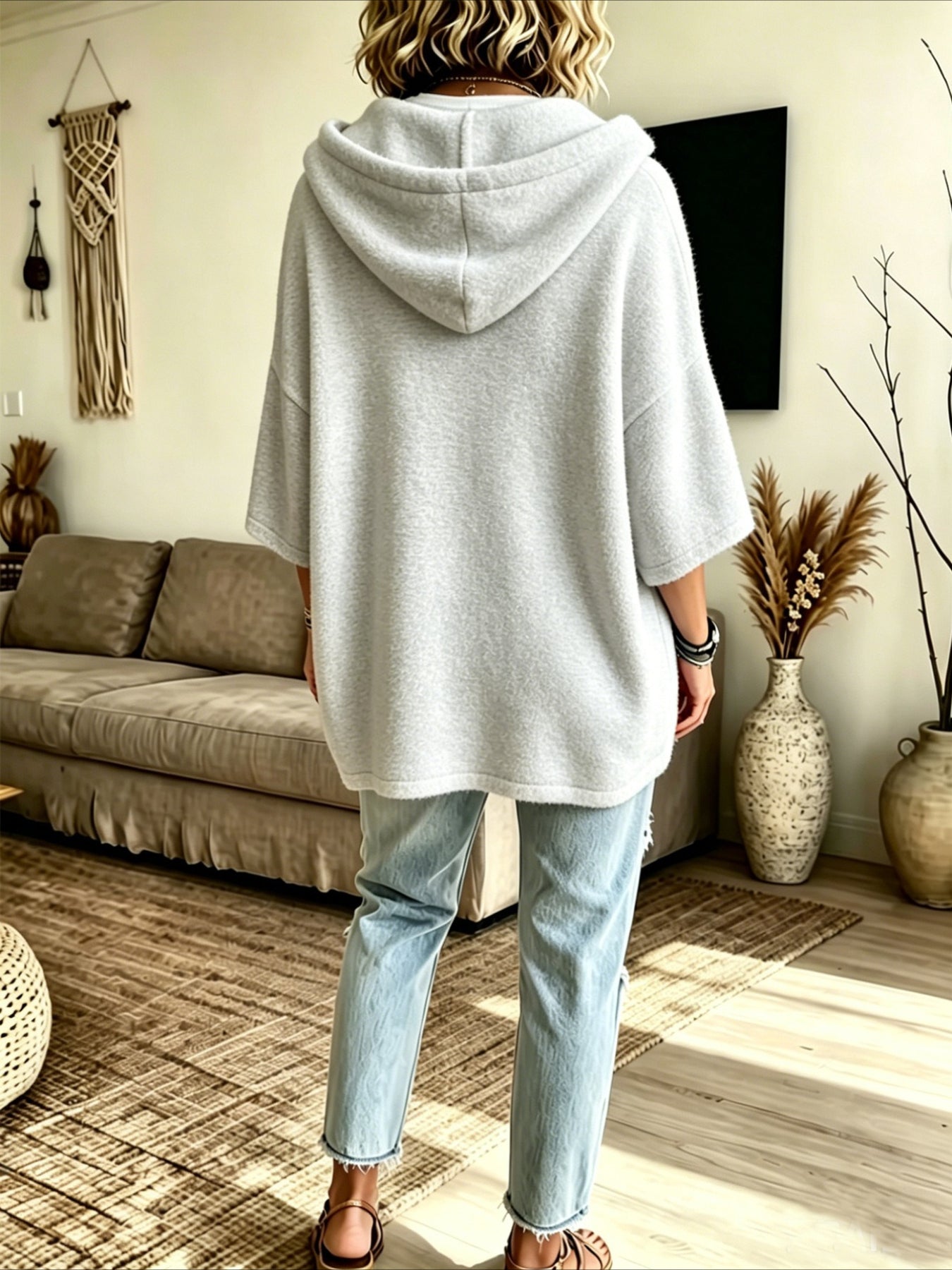 Loose 3/4 Sleeve Hooded Drawstring Bat-sleeved Sweatshirt