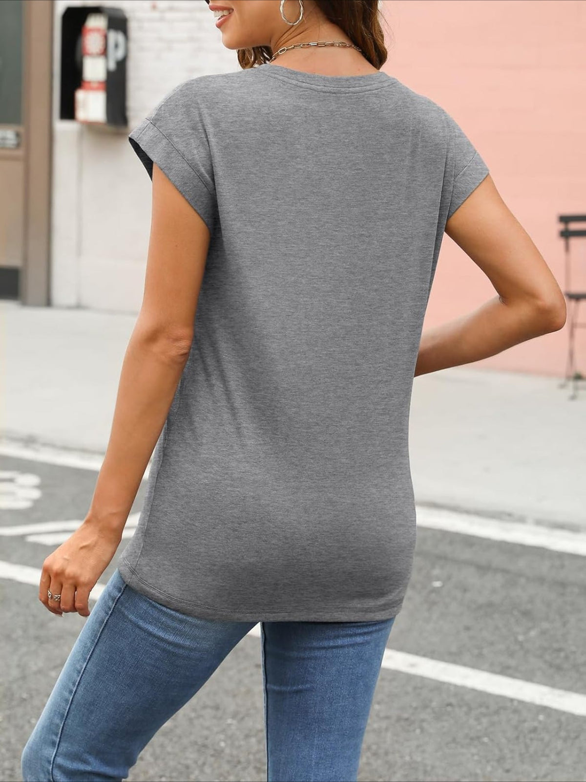 Solid Color Round Neck Cap Sleeve T Shirts