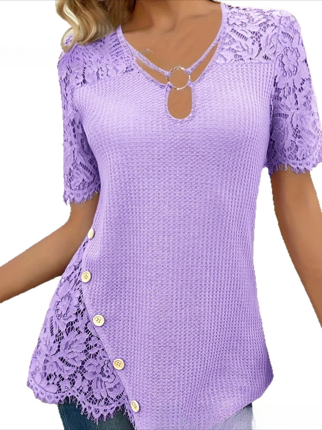 Solid Color Elegant Stylish Casual Short Sleeve V Neck Regular Tops
