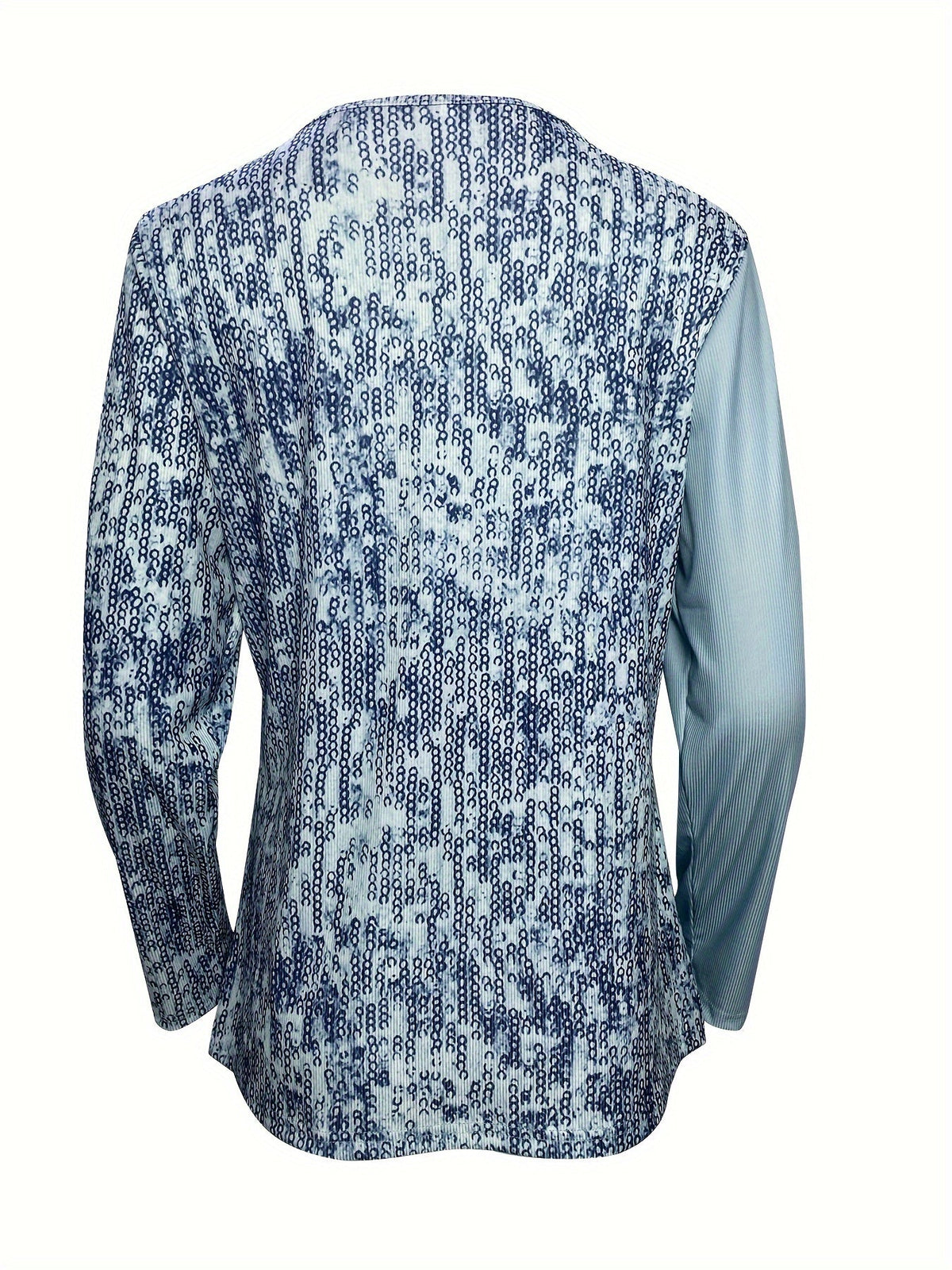 Sequined Button Decor V-neck Splicing T-Shirt, Casual Long Sleeve T-Shirt