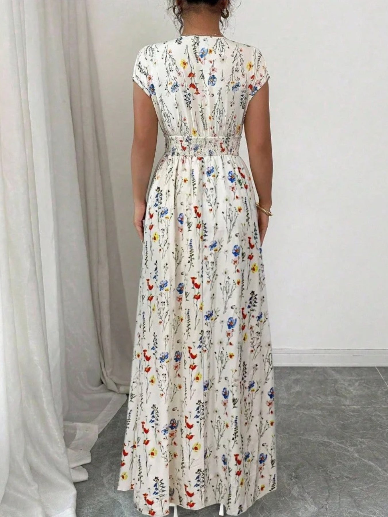 Floral Summer V Neck Short Sleeve A-Line Dress