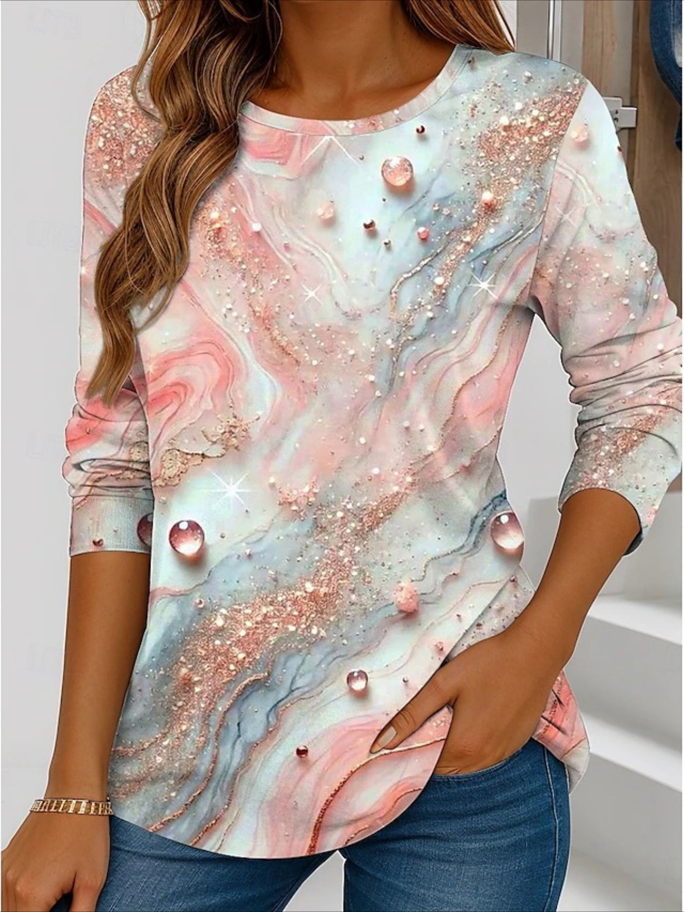 Casual Leaves Crew Neck Long Sleeve T-shirt