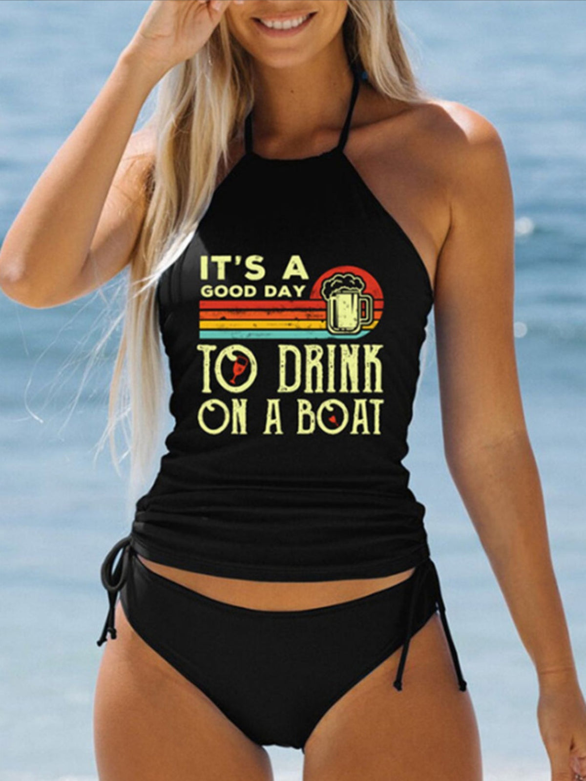 Coconut Tree Sunset Pattern Drawstring 2 Piece Set Swimsuit, Halter Tie Neck Backless Stretchy Low Waist Bathing Suit