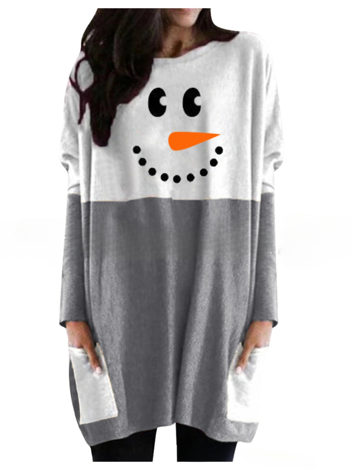 Christmas Cute Dress, Women's Snowman Print Long Sleeve Round Neck Tee Dress With Pockets