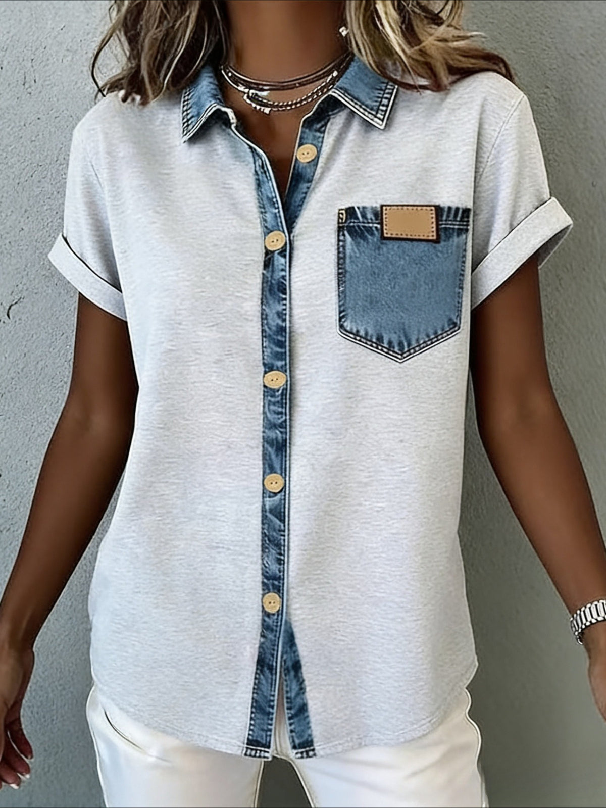 Fashion Short Sleeve Button-Up Blouse
