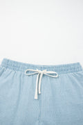 Sky Blue Stripe Plus Size Contrast Drawstring Elastic Waist Denim Shorts