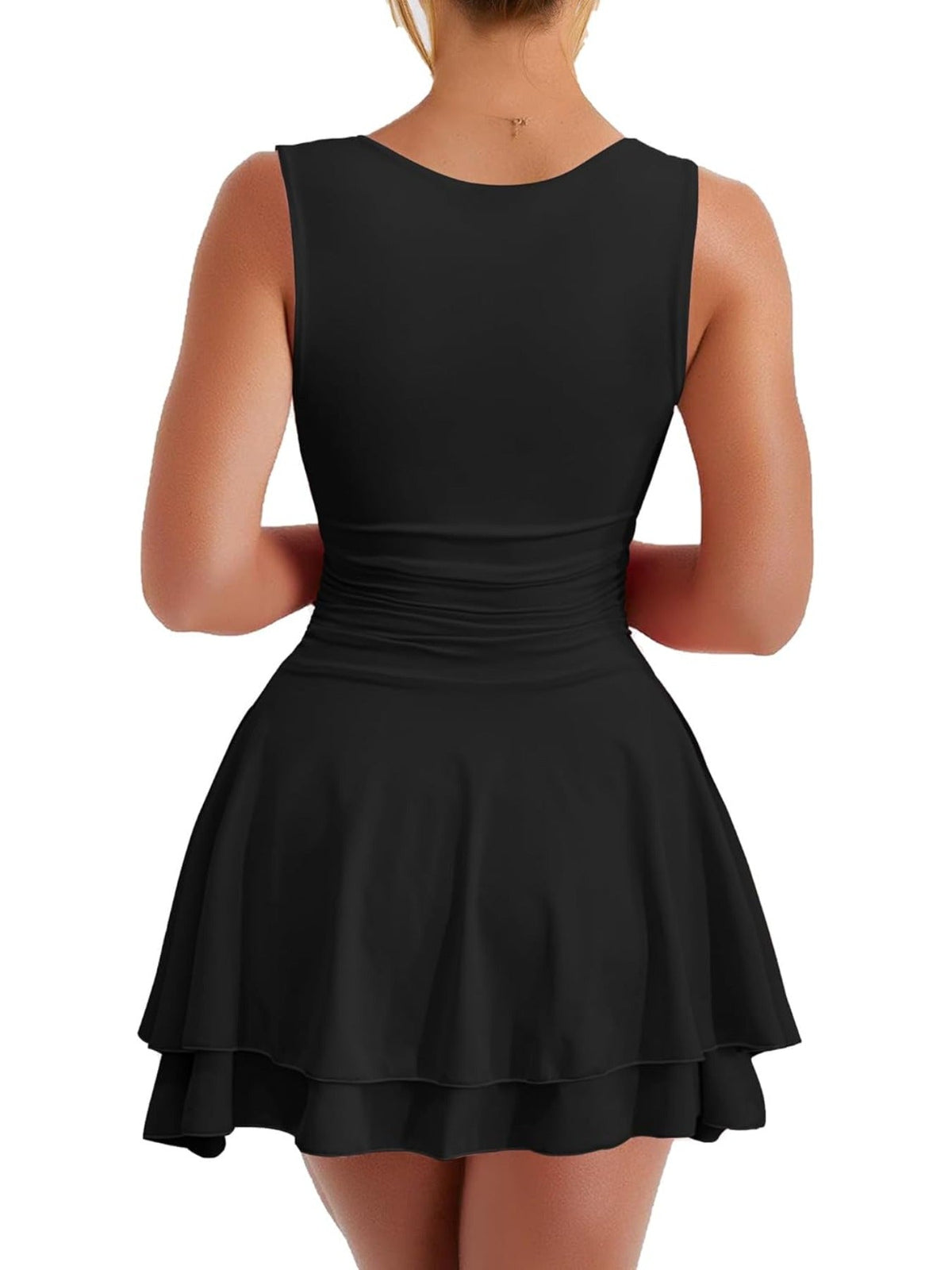 Solid Color Square Neck Ruffle Hem Ruched Waist Mini Dress