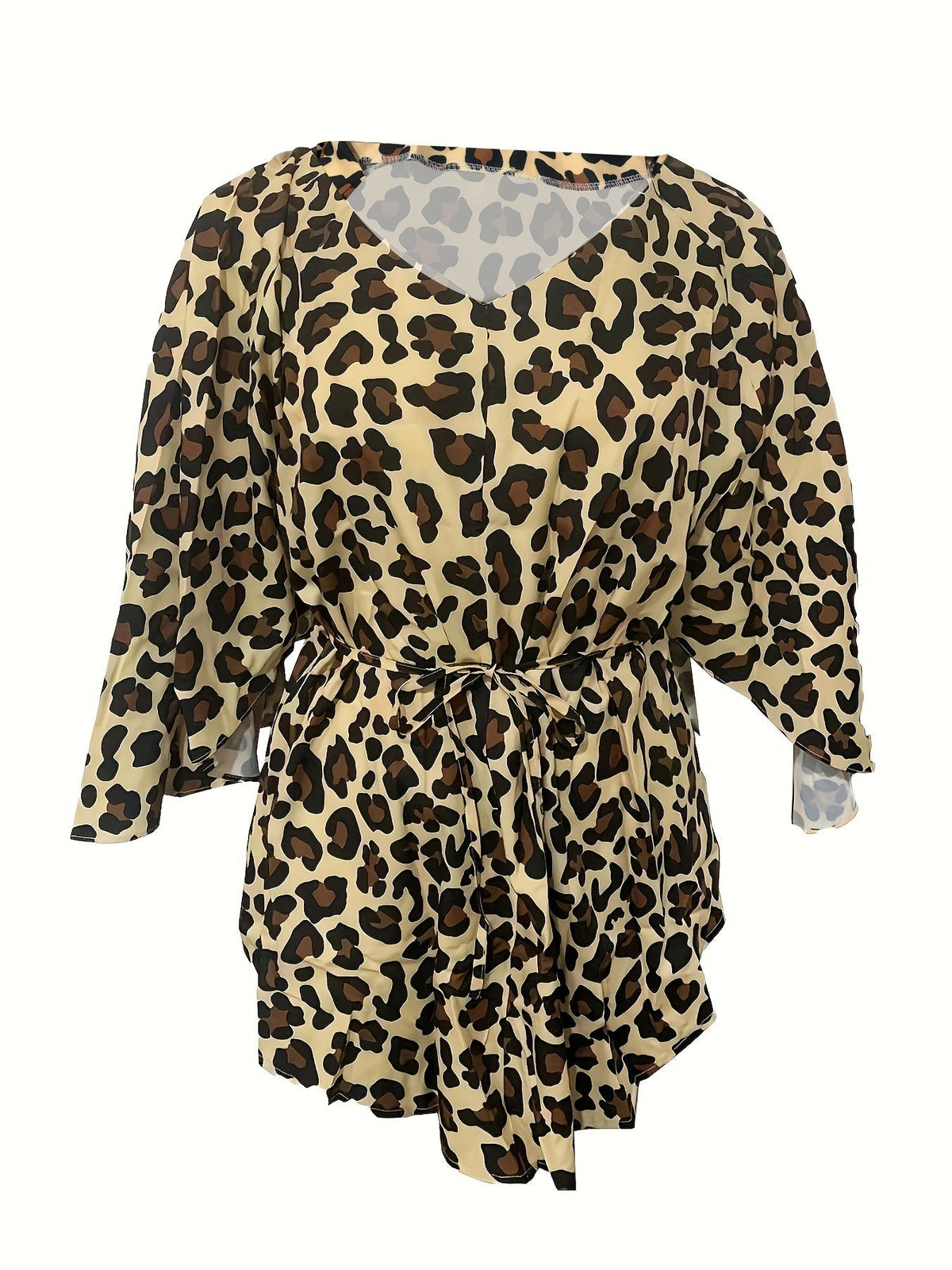 Full Printed V Neck Dress, Casual Tie Waist Batwing Sleeve Dress