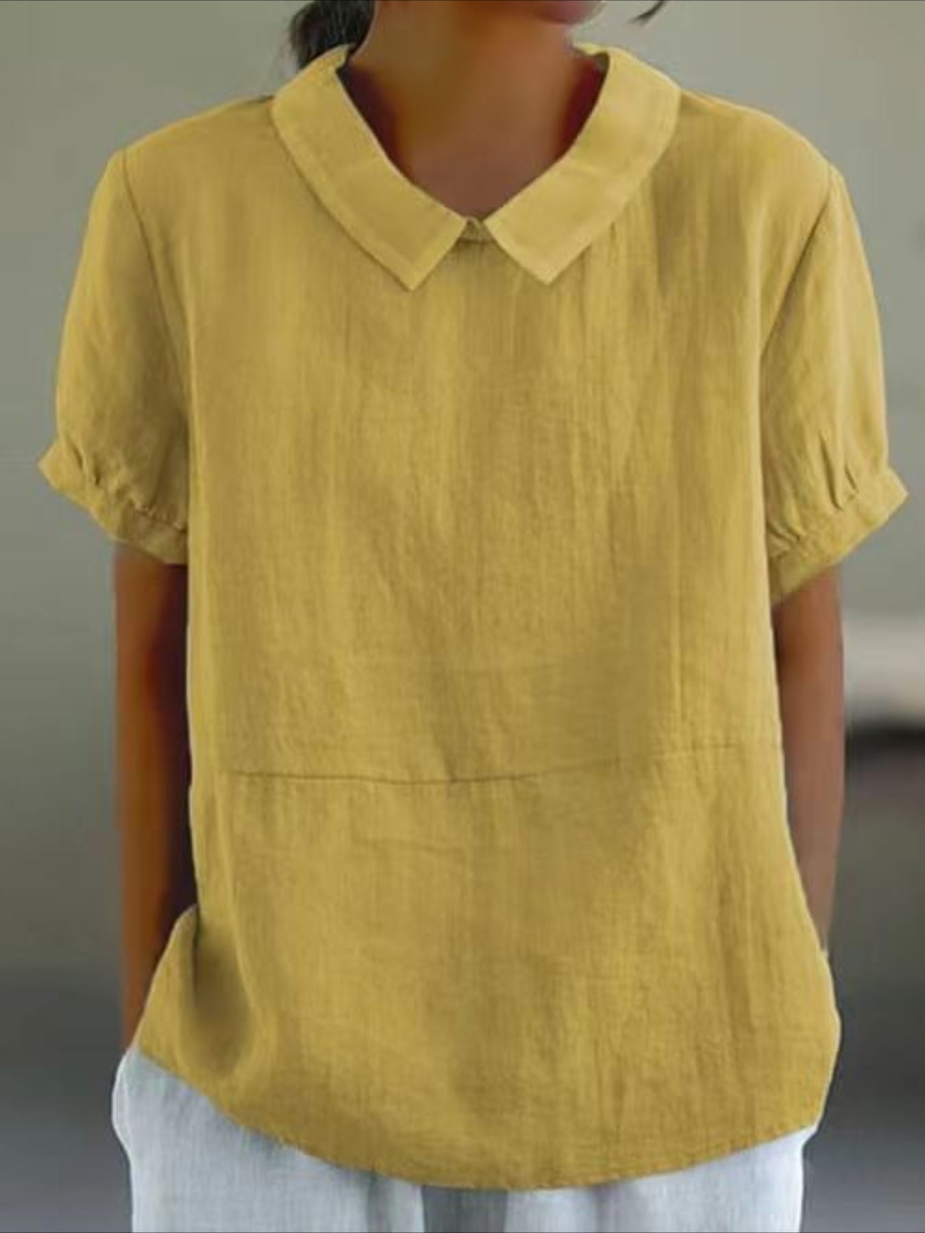 Solid Color Loose Lapel Short Sleeve Cotton Top