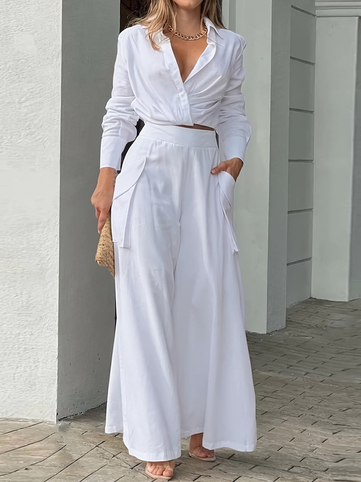 Women's Spring & Fall Loose Two-piece Set, Elegant Solid High Waist Pants And Long Sleeve Top