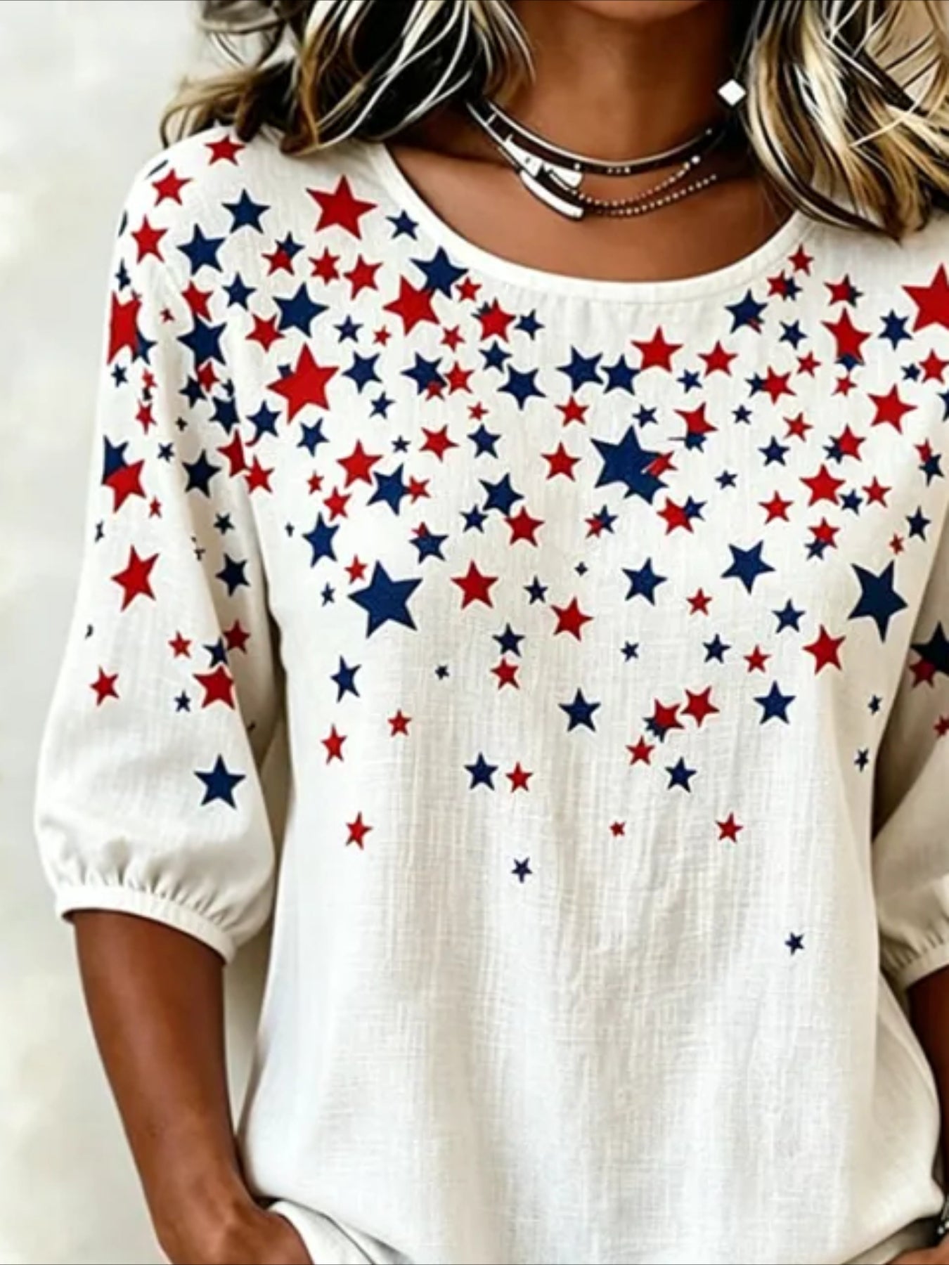 Crew Neck Half Sleeve Star Printing Regular Blouse